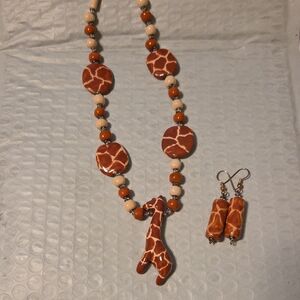 Giraffe Pendant Necklace and Earring Set - Brown and Cream